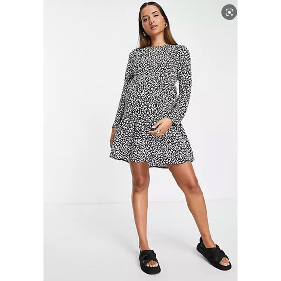 ASOS Maternity Mono Animal Print Long Sleeve Tiered Mini Dress Size 10 Black - Picture 1 of 9